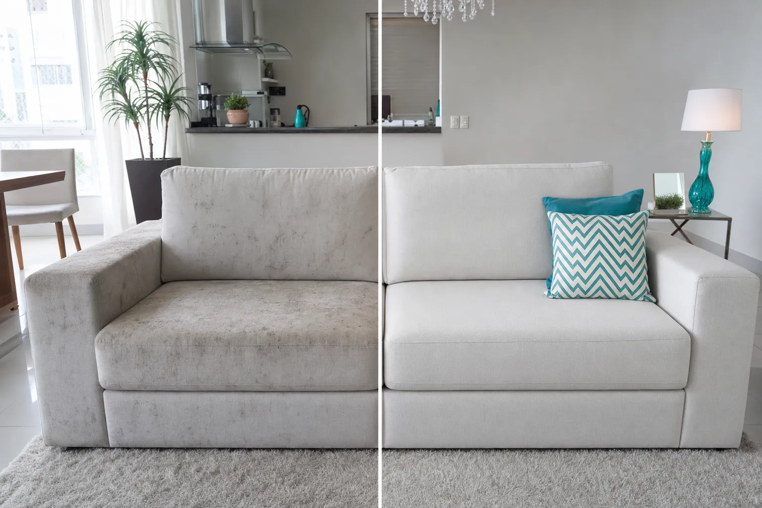 Antes e depois da limpeza de um estofado